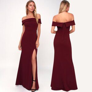Lulu's Aveline Off-the-Shoulder Maxi Dress - Burgundy - Size Medium